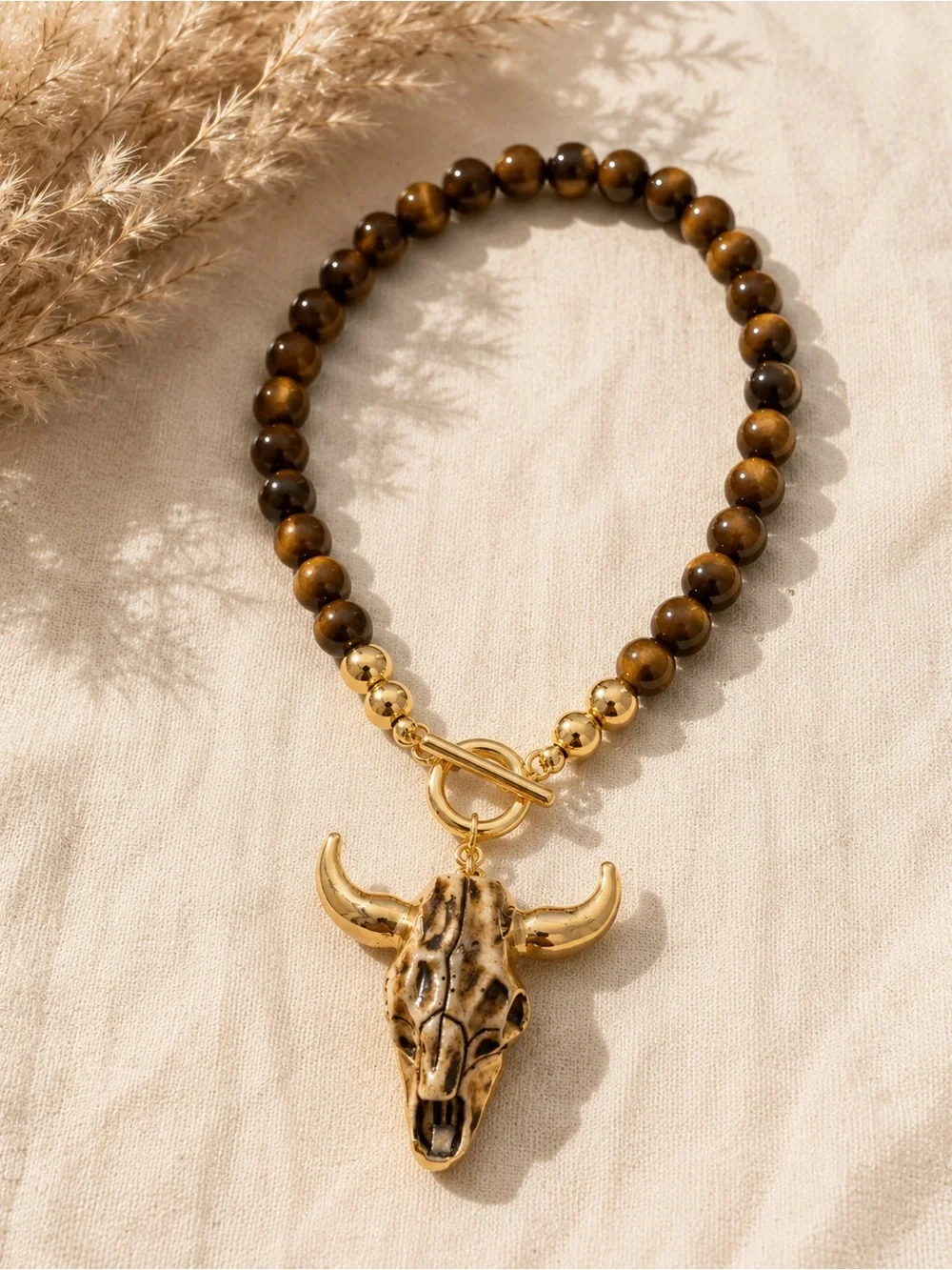 Gold & Brown Beaded Bull Skull Necklace